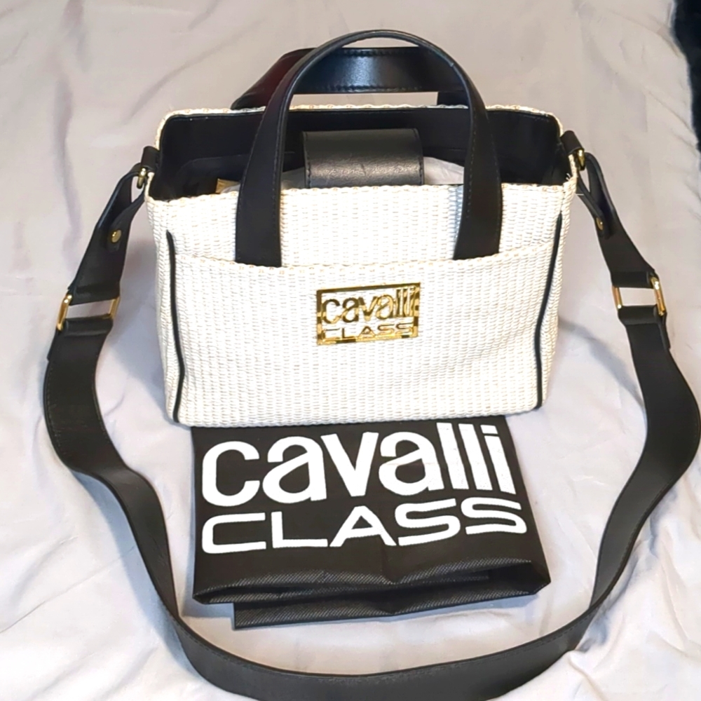 Roberto Cavalli-Cavalli Class Straw and Calf leather purse. Black-White & Gold.